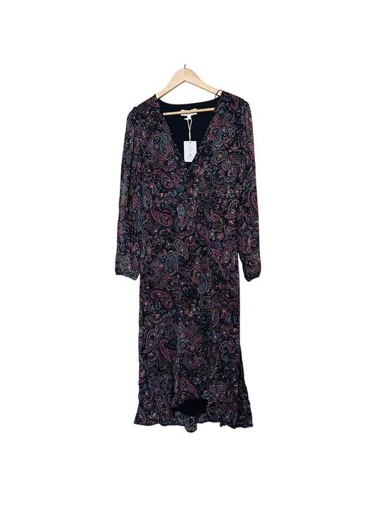 Lucky Brand Dresses & Skirts - NWT Paisley Long Sleeve V‑Neck Boho Spring Dress L Black Pink Tea Midi Lined